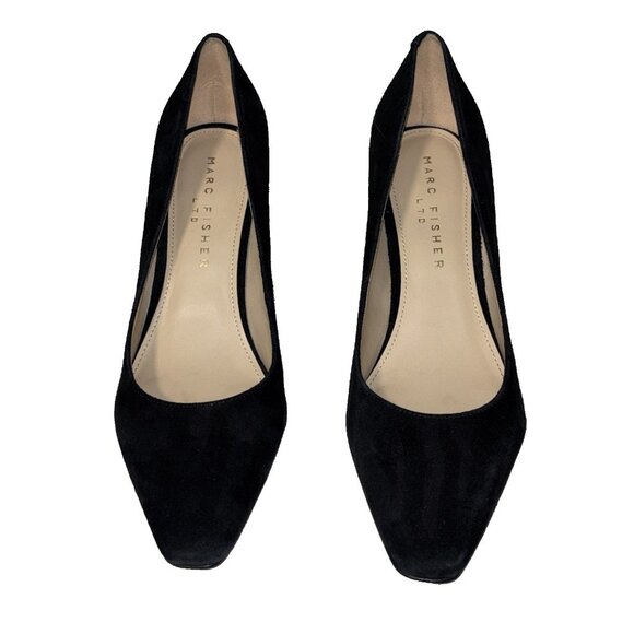 MARC FISHER LTD Pointed Toe Block Heels Pumps Black Suede Women's Size 8 Preppy - Picture 2 of 12